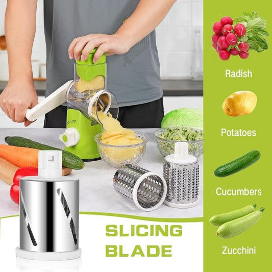 3-in-1 Multifunctional Rotary Vegetable Cutter, Slicer & Cheese Grater with 3 Interchangeable Stainless Steel Drums - Free Delivery