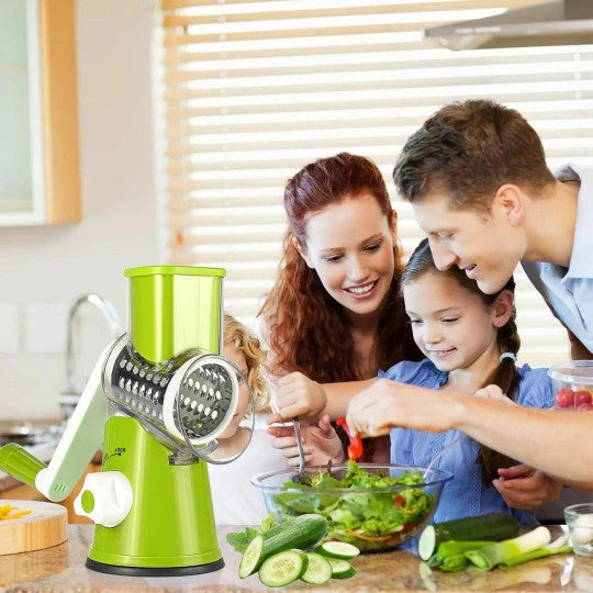 3-in-1 Multifunctional Rotary Vegetable Cutter, Slicer & Cheese Grater with 3 Interchangeable Stainless Steel Drums - Free Delivery