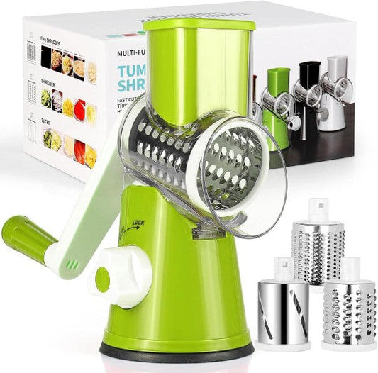 3-in-1 Multifunctional Rotary Vegetable Cutter, Slicer & Cheese Grater with 3 Interchangeable Stainless Steel Drums - Free Delivery