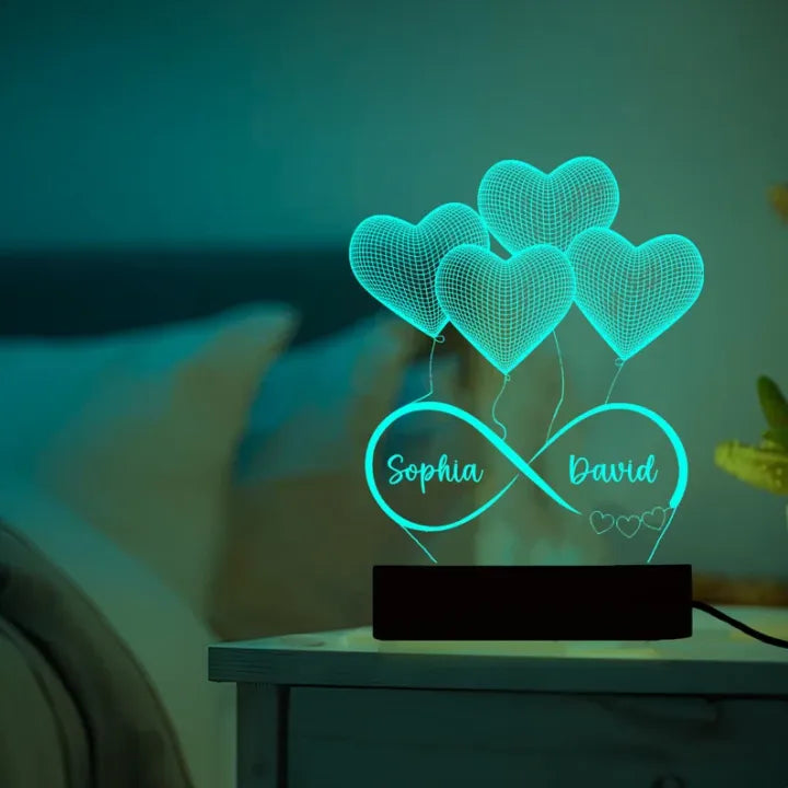 Personalized Infinity Hearts 3D LED Lamp - Custom Name Couple Gift