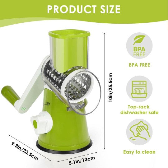 3-in-1 Multifunctional Rotary Vegetable Cutter, Slicer & Cheese Grater with 3 Interchangeable Stainless Steel Drums - Free Delivery