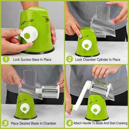 3-in-1 Multifunctional Rotary Vegetable Cutter, Slicer & Cheese Grater with 3 Interchangeable Stainless Steel Drums - Free Delivery