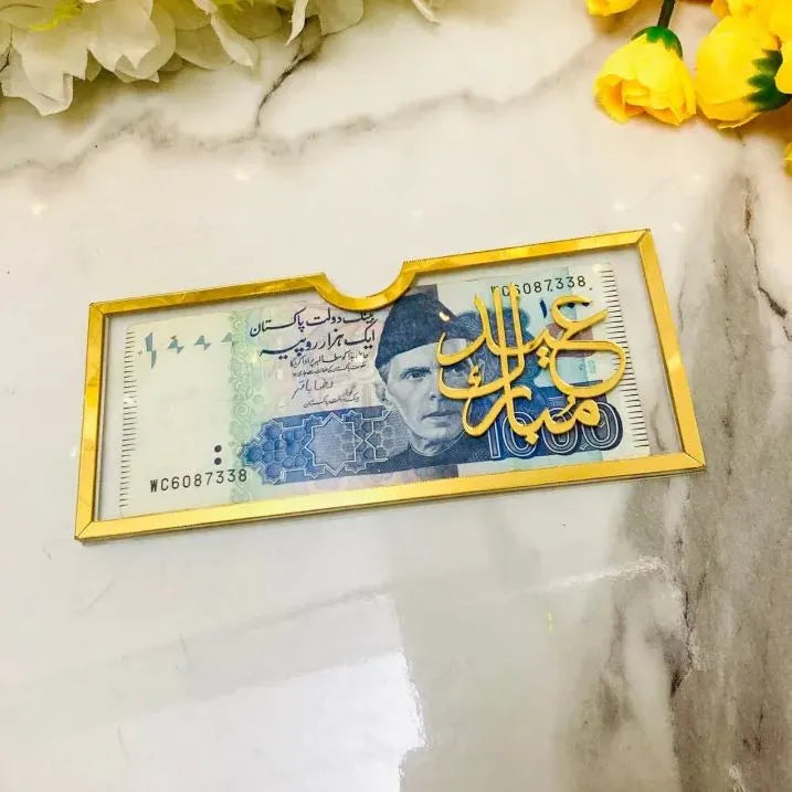 Personalized Acrylic Eidi Envelope with Golden Mirror Calligraphy - Luxury Eid Mubarak Money Gift Holder