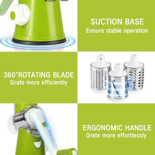 3-in-1 Multifunctional Rotary Vegetable Cutter, Slicer & Cheese Grater with 3 Interchangeable Stainless Steel Drums - Free Delivery