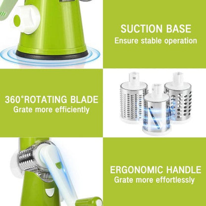 3-in-1 Multifunctional Rotary Vegetable Cutter, Slicer & Cheese Grater with 3 Interchangeable Stainless Steel Drums - Free Delivery