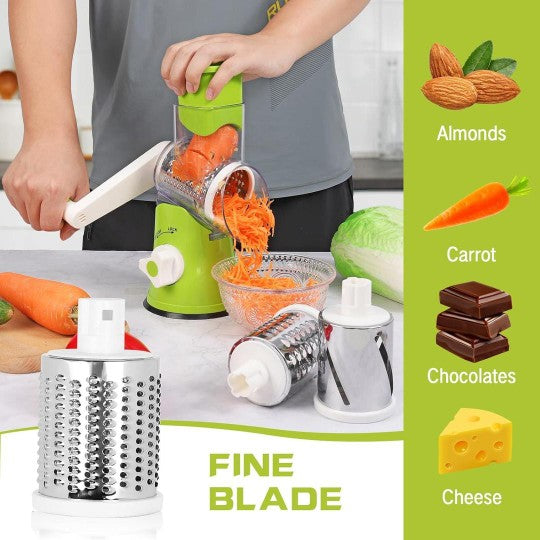 3-in-1 Multifunctional Rotary Vegetable Cutter, Slicer & Cheese Grater with 3 Interchangeable Stainless Steel Drums - Free Delivery