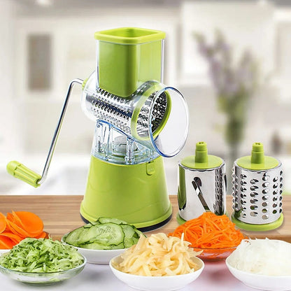 3-in-1 Multifunctional Rotary Vegetable Cutter, Slicer & Cheese Grater with 3 Interchangeable Stainless Steel Drums - Free Delivery