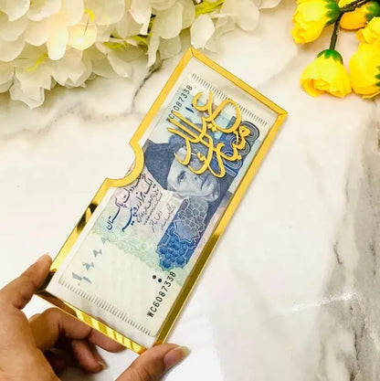 Personalized Acrylic Eidi Envelope with Golden Mirror Calligraphy - Luxury Eid Mubarak Money Gift Holder
