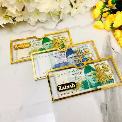 Personalized Acrylic Eidi Envelope with Golden Mirror Calligraphy - Luxury Eid Mubarak Money Gift Holder